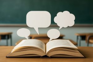 An open book on a desk with speech bubbles above it, suggesting communication concepts.