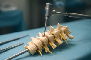 Minimally invasive spine surgery tools shown in a clinical setting on a table with a vertebra model.